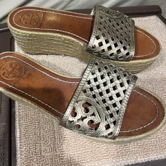 Tory Burch Shoes - Tory Burch Metallic Silver Cutout Espadrille Wedge Sandals
